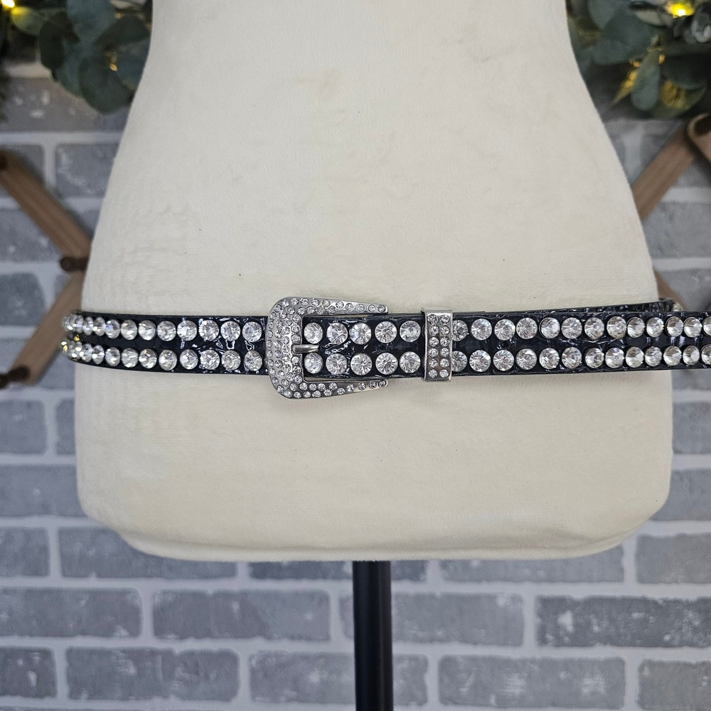 Black Rhinestone Studded‎ Western Belt Silver Buckle Women's Size Small